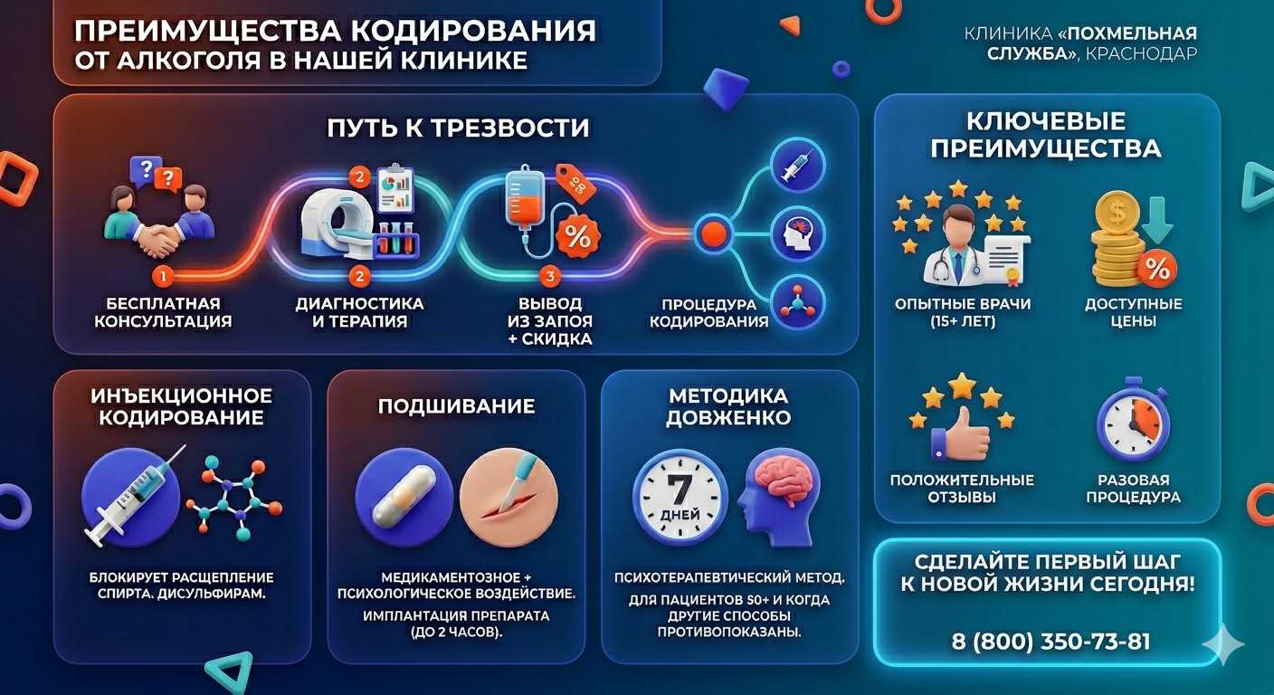 Инфографика о методах кодирования от алкоголя в Изобильном: инъекции, подшивание, метод Довженко. Преимущества клиники и этапы лечения.