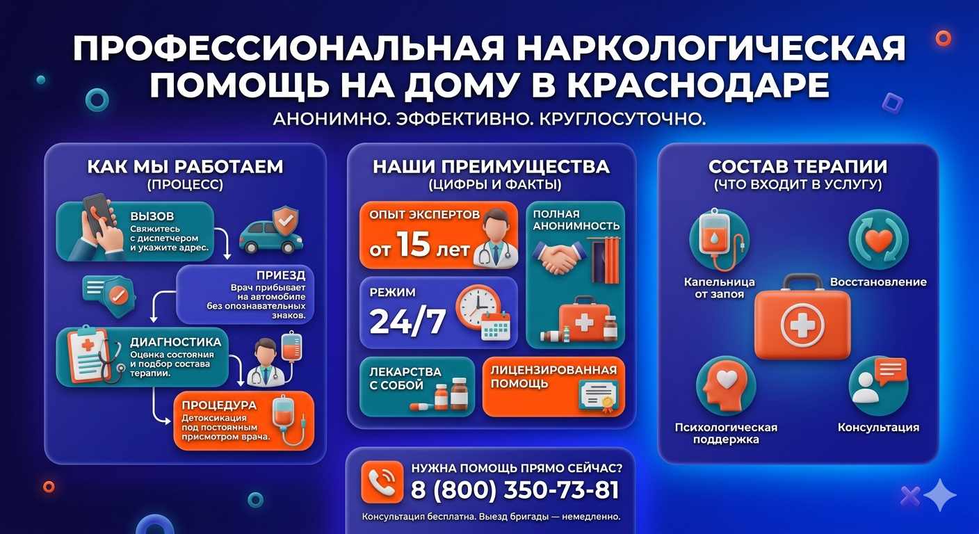 Инфографика о принципах лечения алкоголизма на дому в Изобильном: этапы вызова нарколога, преимущества анонимной детоксикации и состав медицинской помощи.